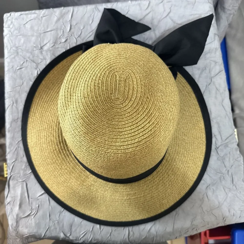 Sun N Sand UPF 50+‎ Beige Straw Hat W/black Trim Fabric Bow Women Adjustable